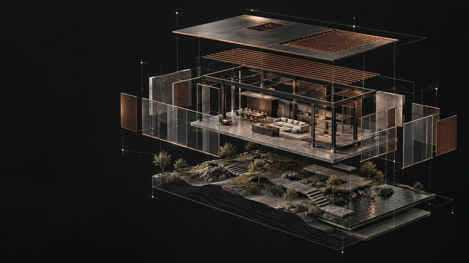 Diagrama axonométrico conceitual com camadas de um pavilhão