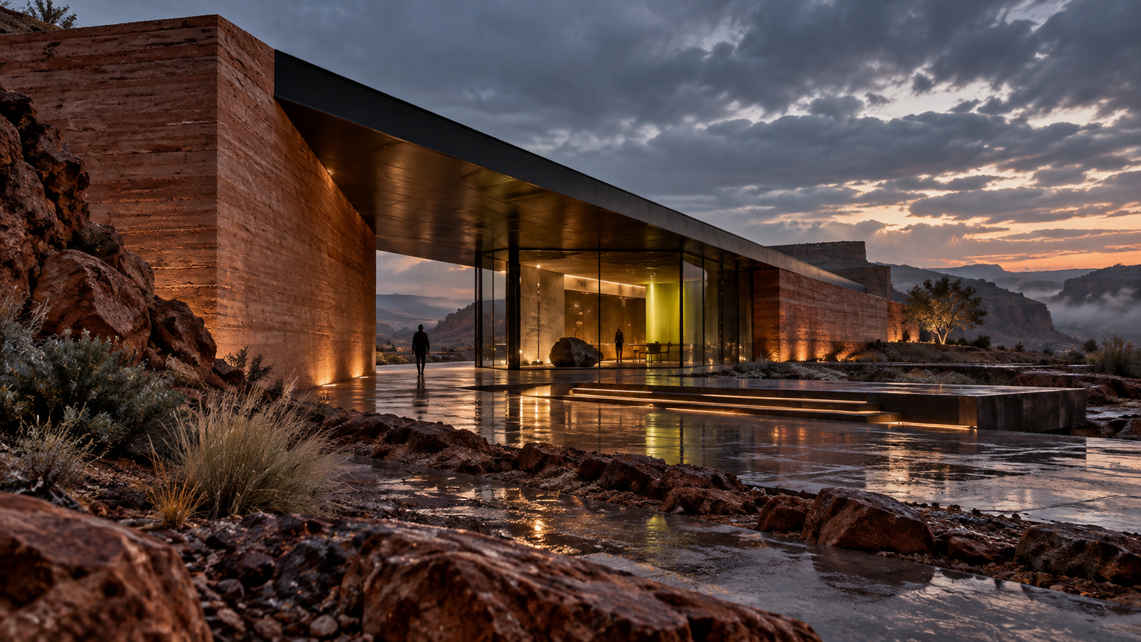 Estudo conceitual de pavilhão contemporâneo integrado à paisagem