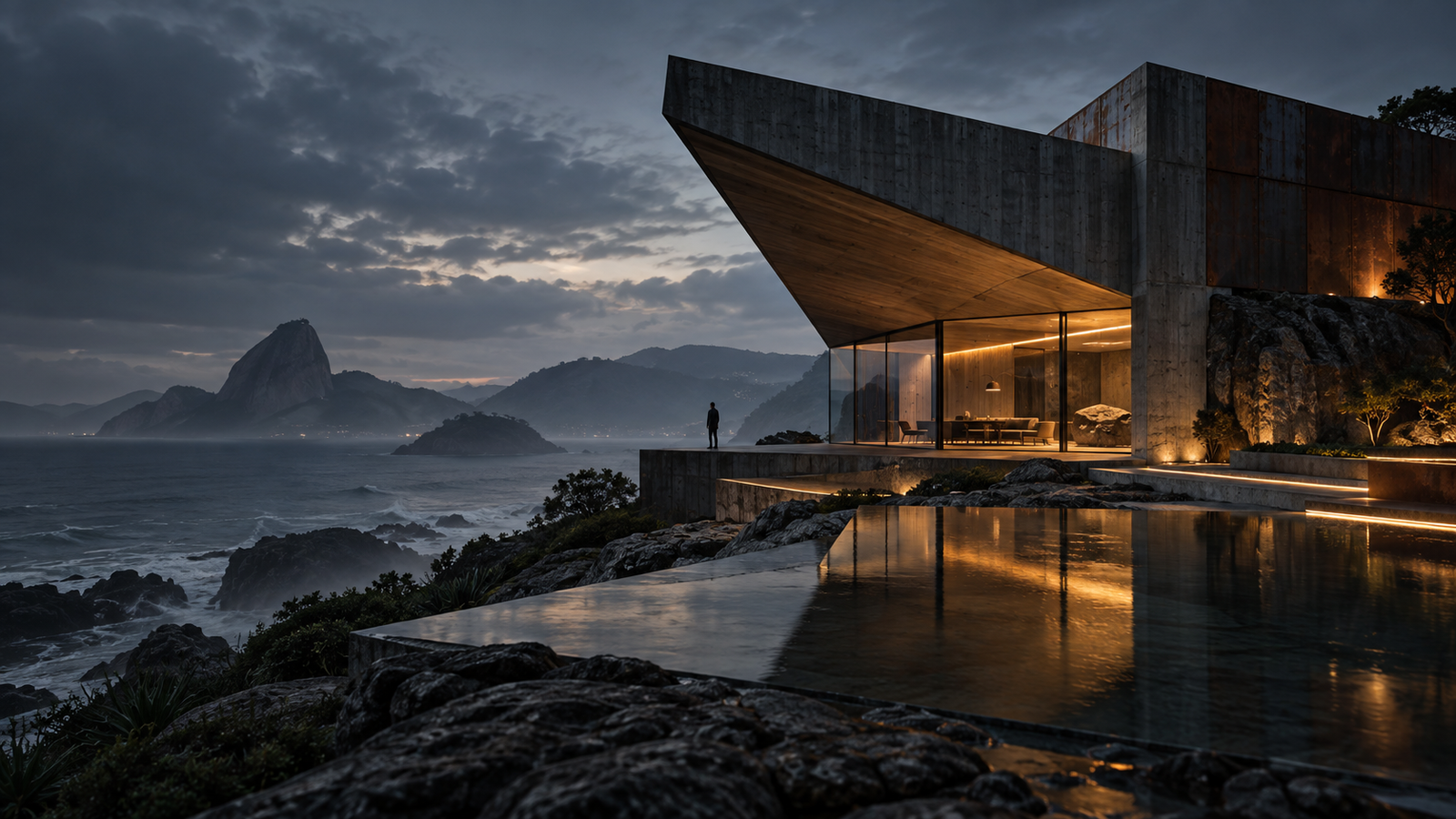 Imagem conceitual de arquitetura contemporânea costeira ao entardecer